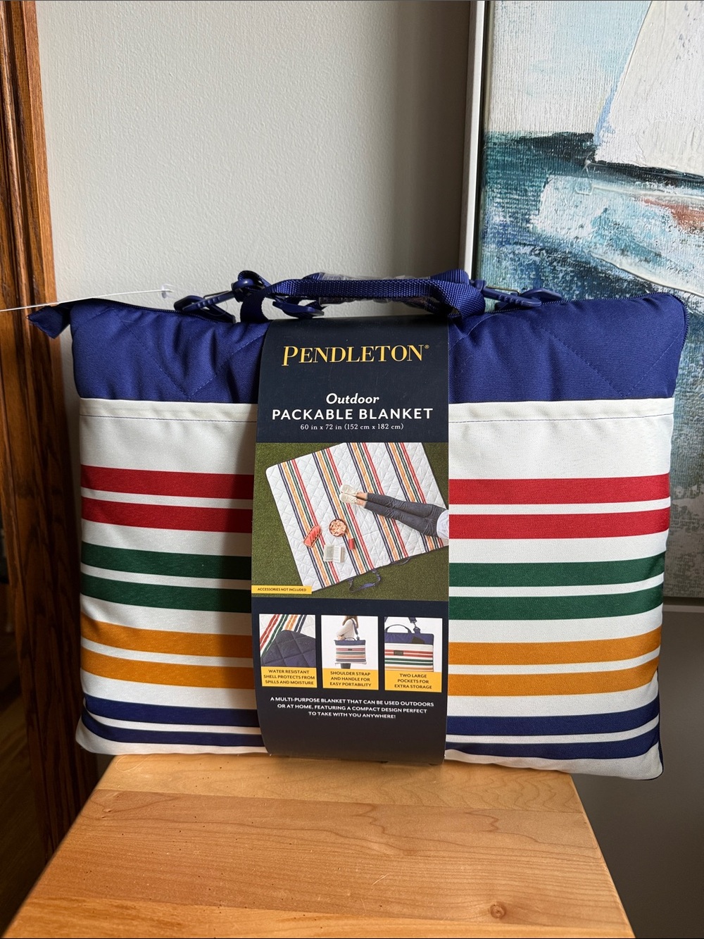 NWT Pendleton Outdoor Packable Blanket Pine Island Stripe Blue Multi 60x72
